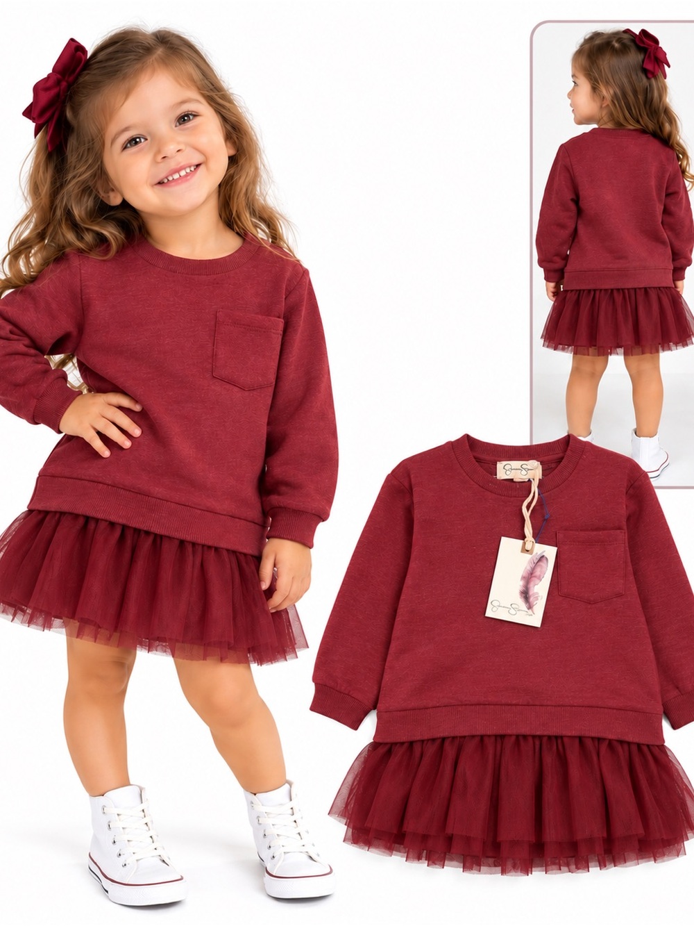 Jessica Simpson Burgundy Tulle Sweatshirt Dress for Girls